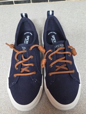 Sperry Navy Canvas Boat Shoes with Brown Laces